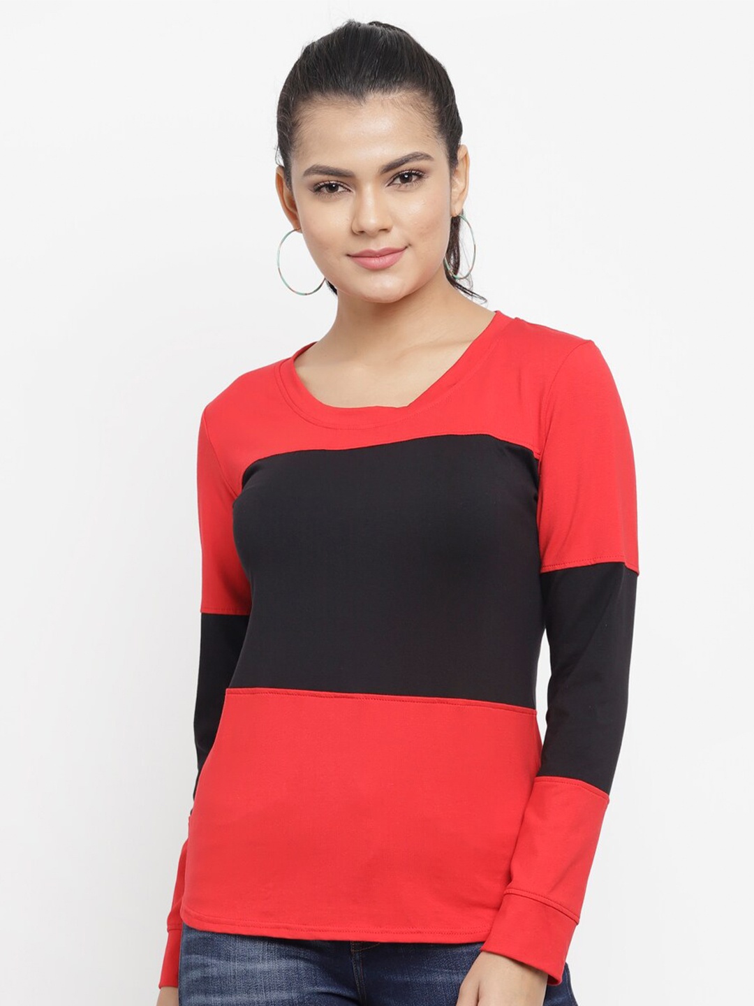 

N-Gal Colourblocked Long Sleeves Round Neck Cotton Dry Fit T-shirt, Red