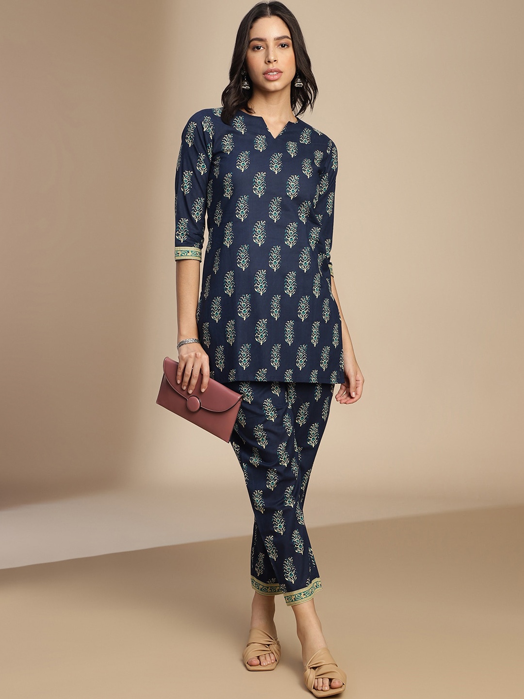 

KALINI Ethnic Motifs Printed Notched Neck Tunic With Trousers, Navy blue