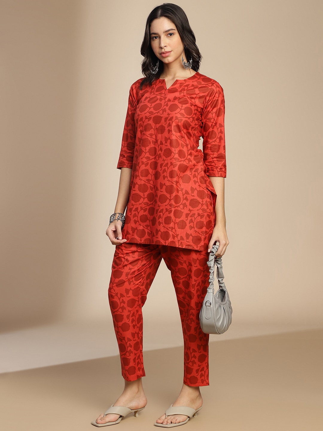 

KALINI Floral Printed Notched Neck Tunic With Trousers, Red