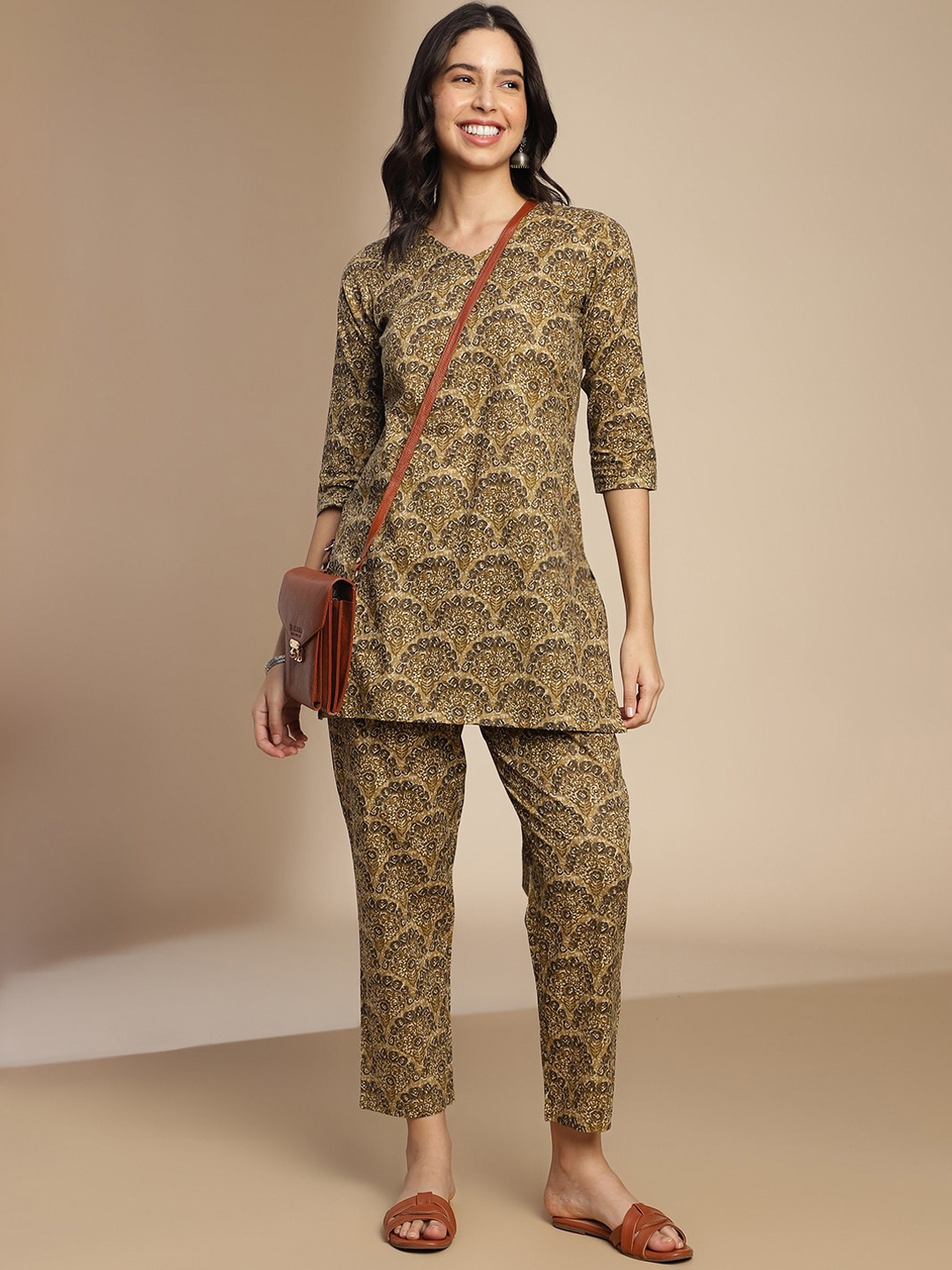 

KALINI Floral Printed V-Neck Tunic With Trousers, Mustard