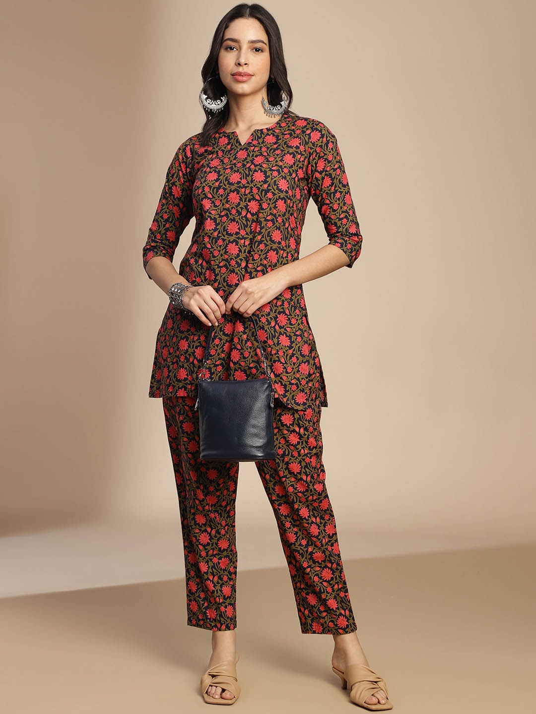 

KALINI Floral Printed Notched Neck Tunic With Trousers, Navy blue