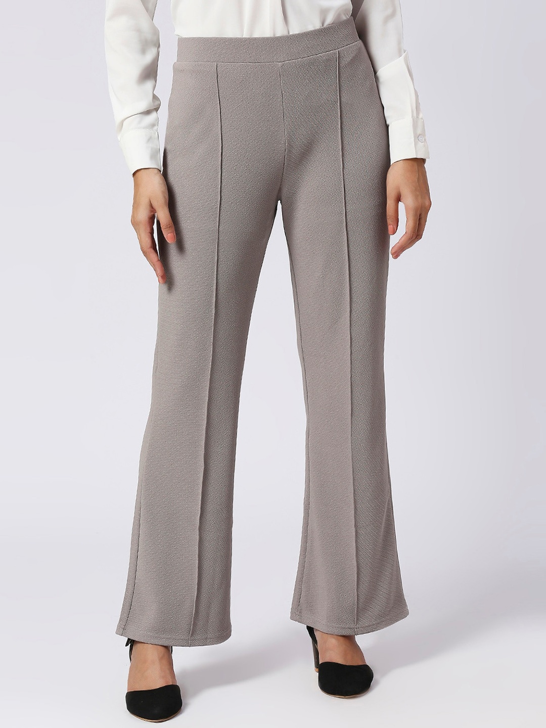 

FITHUB Women Textured Self Design High-Rise Bootcut Trousers, Grey