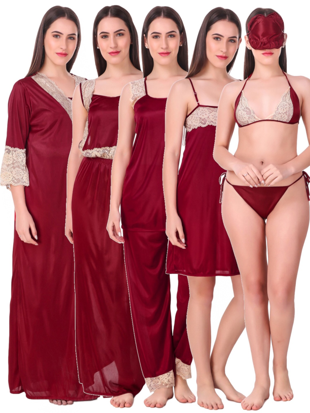 

N-Gal Pack of 8 Maxi Satin Wrap Nightdress, Maroon