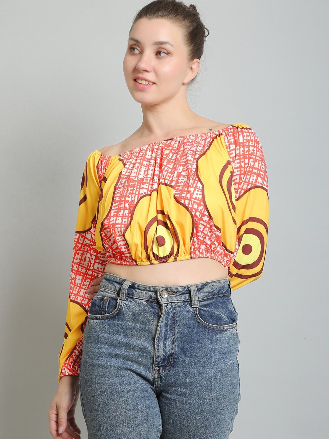 

N-Gal Abstract Printed Off-Shoulder Blouson Crop Top, White