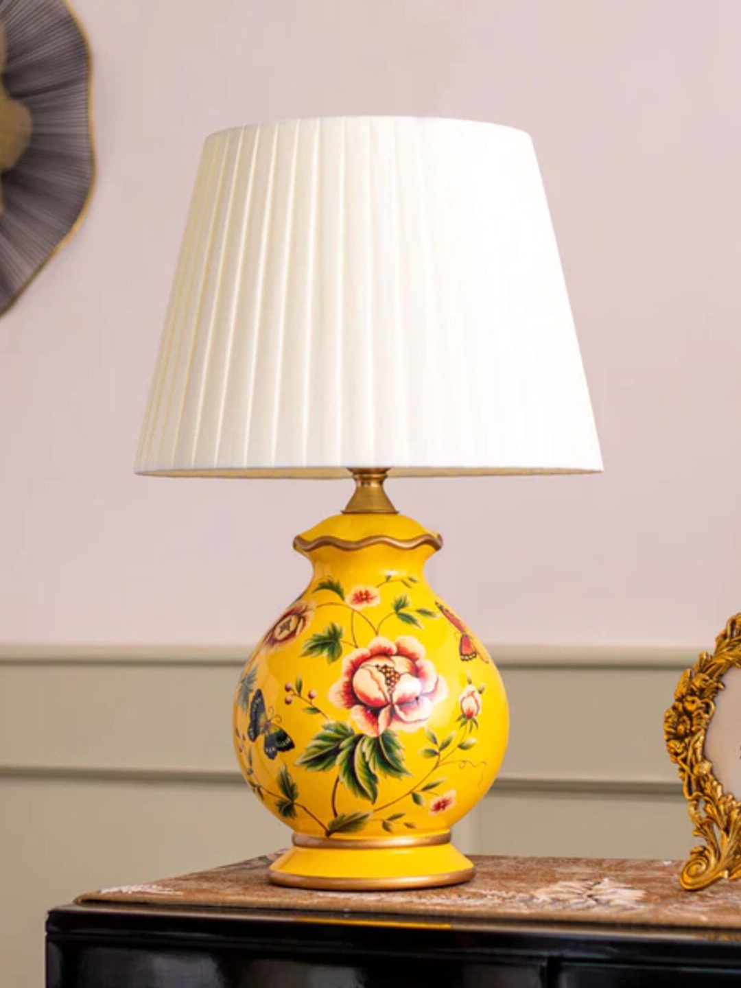 

THEDECORKART White & Yellow Frustum Textured Table Lamps