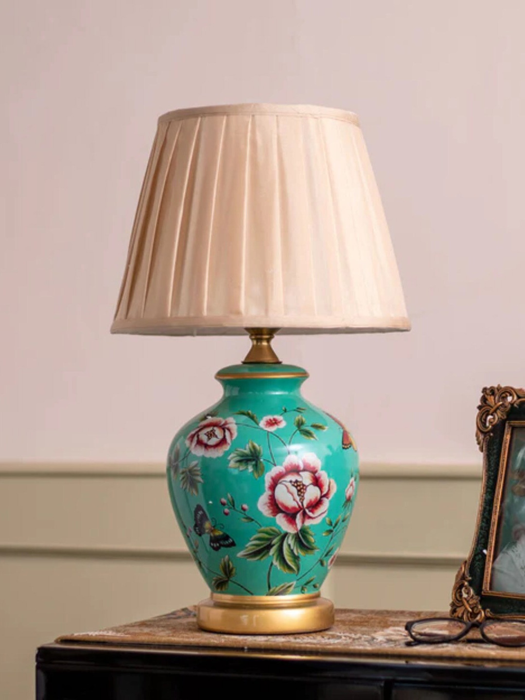 

THEDECORKART White & Green Textured Frustum Table Lamps, Beige