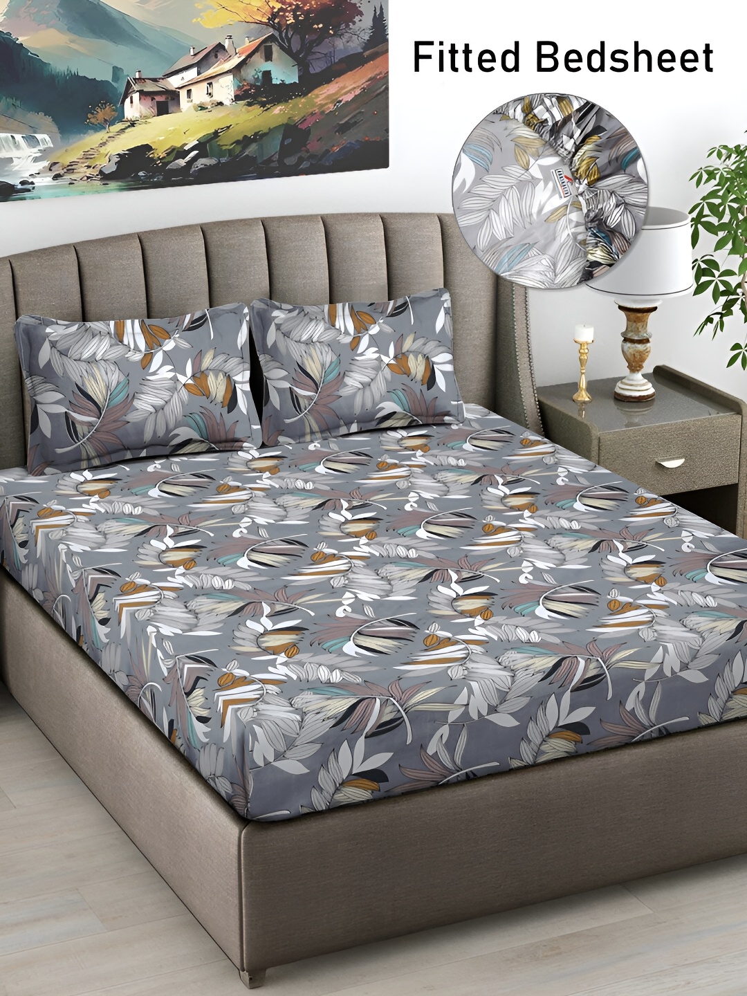 

FABINALIV Grey & White Floral Print 300 TC Fitted King Bedsheet & 2 Pillow Covers