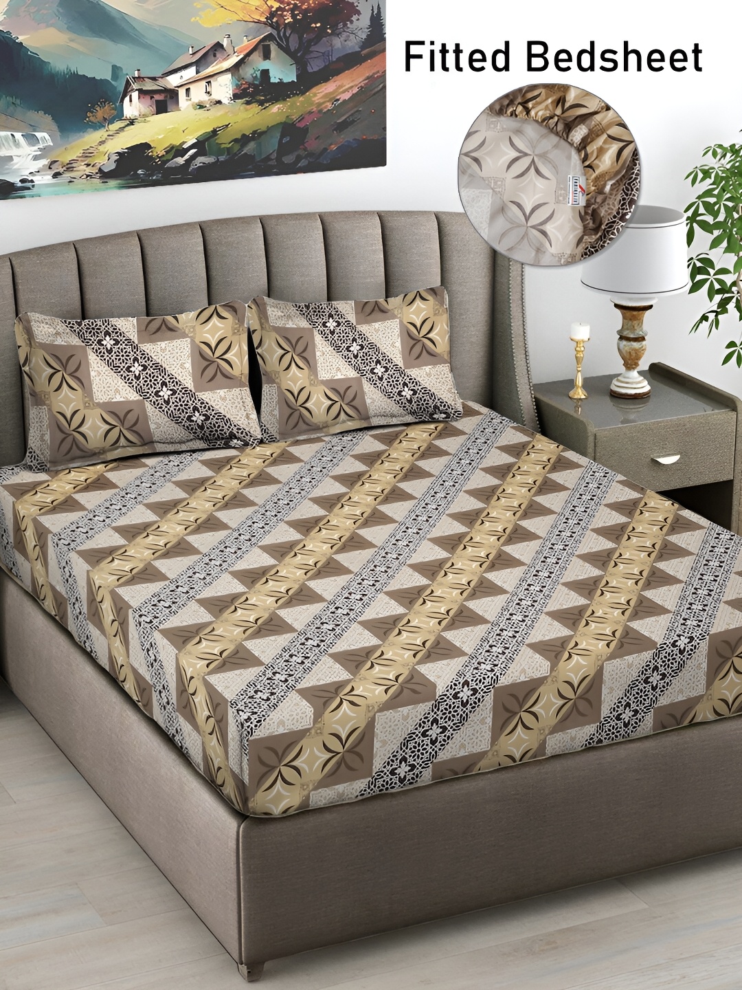 

FABINALIV Beige & Black Geometric Print 300 TC Fitted King Bedsheet & 2 Pillow Covers