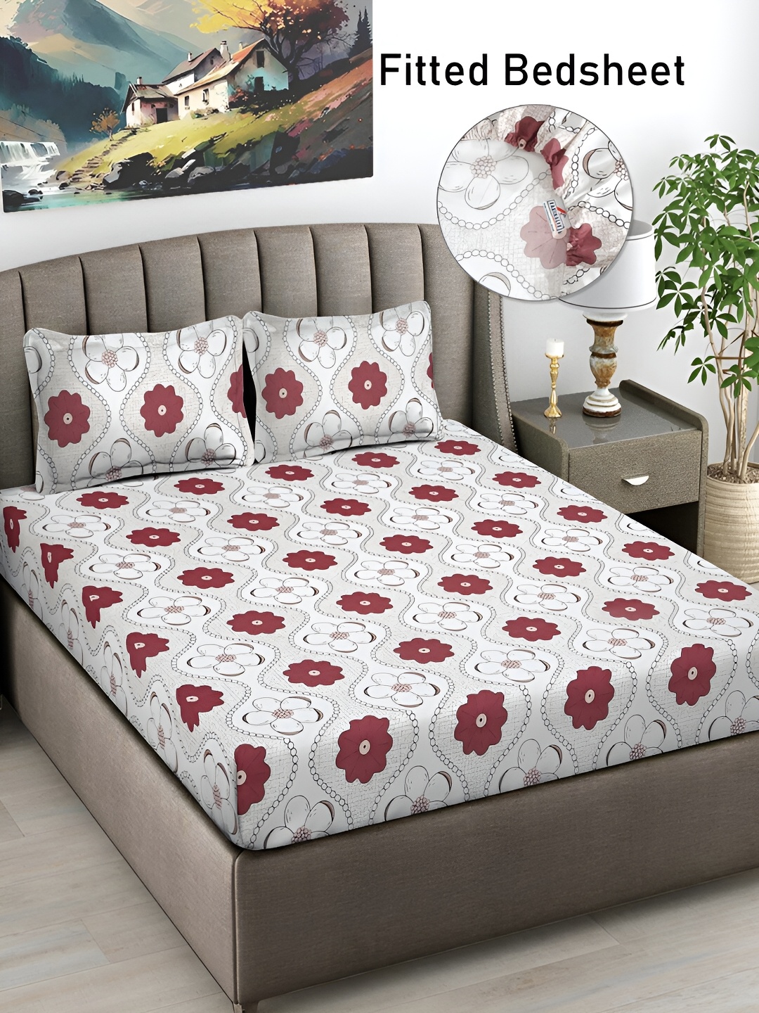 

FABINALIV White & Brown Floral Print 300 TC Fitted King Bedsheet & 2 Pillow Covers