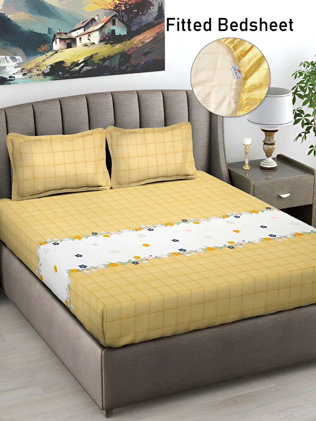 

FABINALIV Yellow & White Geometric Print 300 TC Fitted King Bedsheet & 2 Pillow Covers