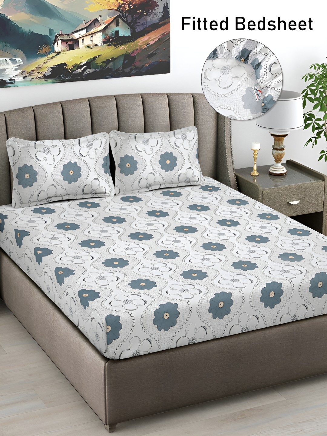 

FABINALIV White & Grey Floral Print 300 TC Fitted King Bedsheet & 2 Pillow Covers