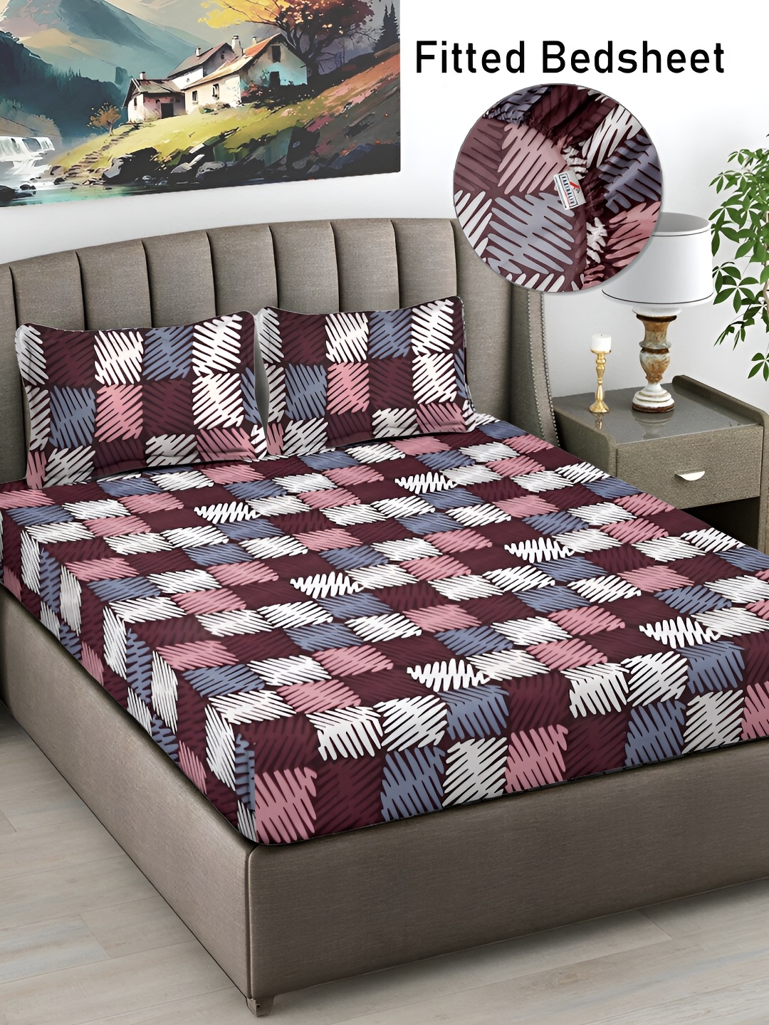 

FABINALIV Brown & White Geometric Print 300 TC Fitted King Size Bedsheet & 2 Pillow Covers, Purple