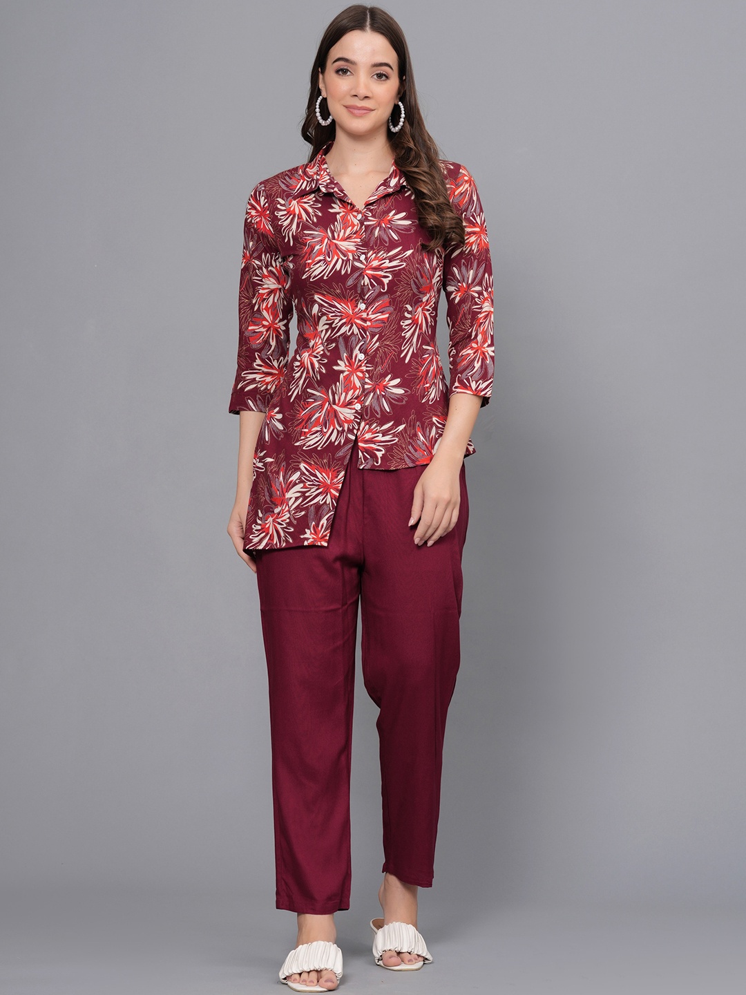 

PURSHOTTAM WALA Printed Shirt-Collar Shirt With Trouser, Maroon