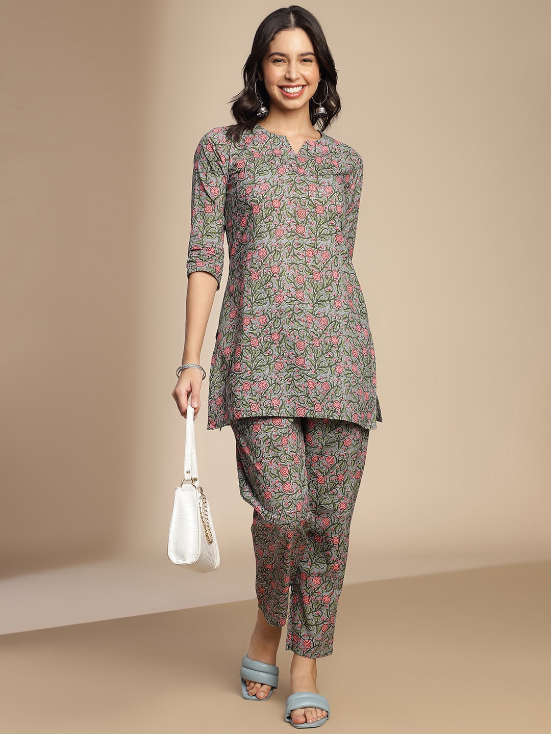 

Saanjh Floral Printed Tunic & Trousers, Grey