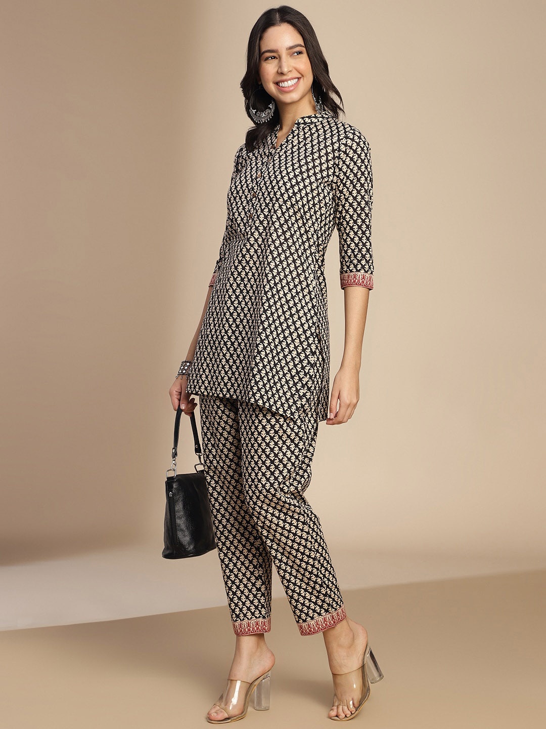 

Saanjh Beige-Coloured Printed Mandarin Collar Ethnic Top With Trousers Co-Ords