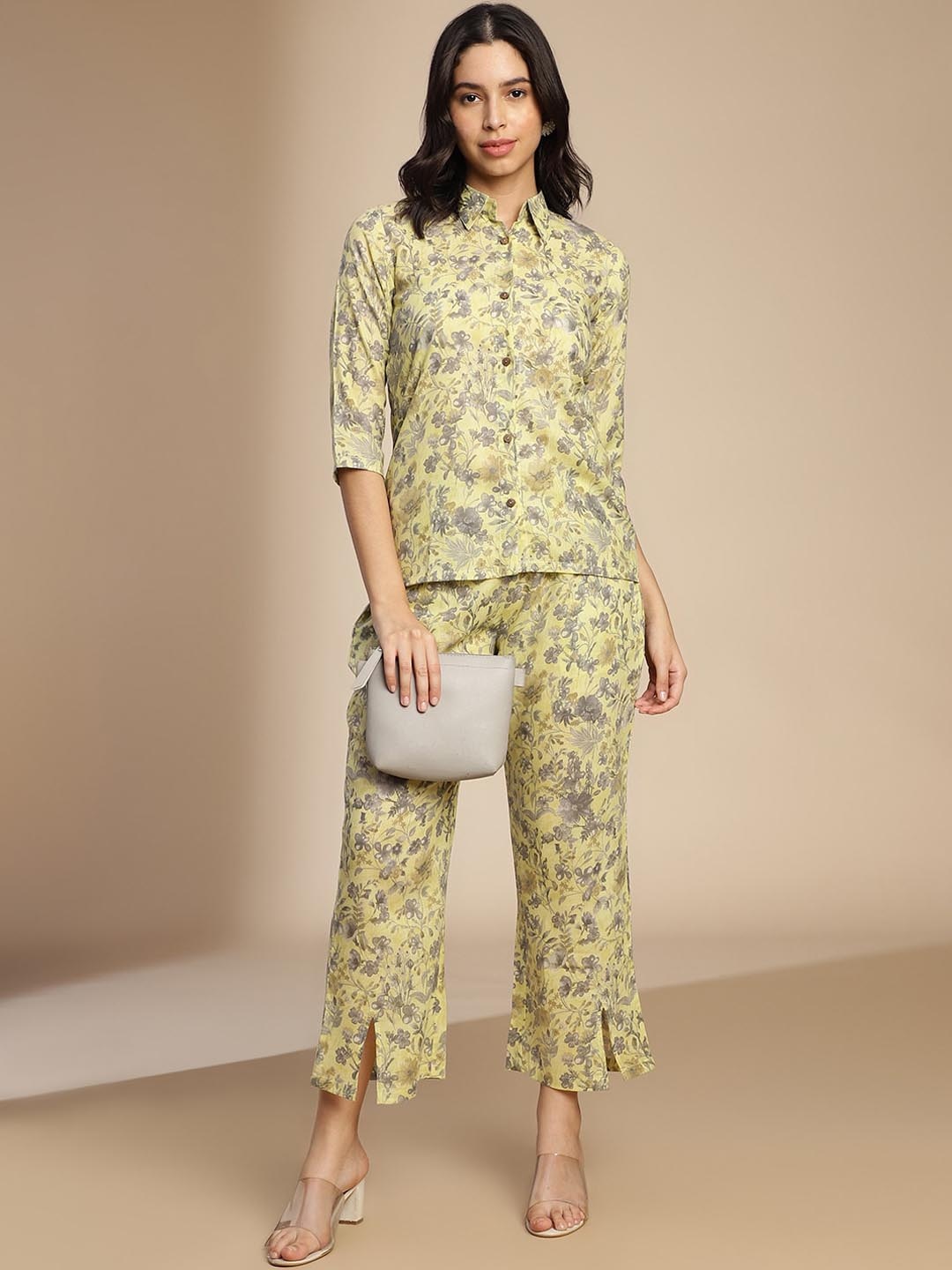 

Saanjh Printed Shirt Collar Shirt & Trousers, Yellow