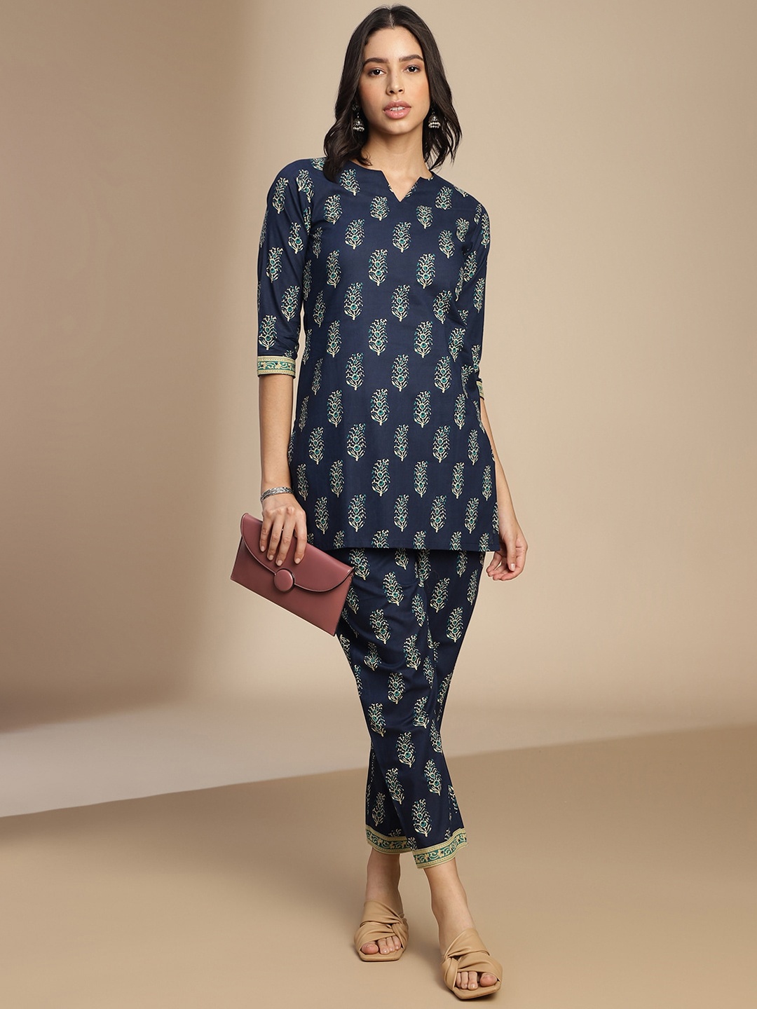 

Saanjh Floral Printed Tunic & Trousers, Navy blue
