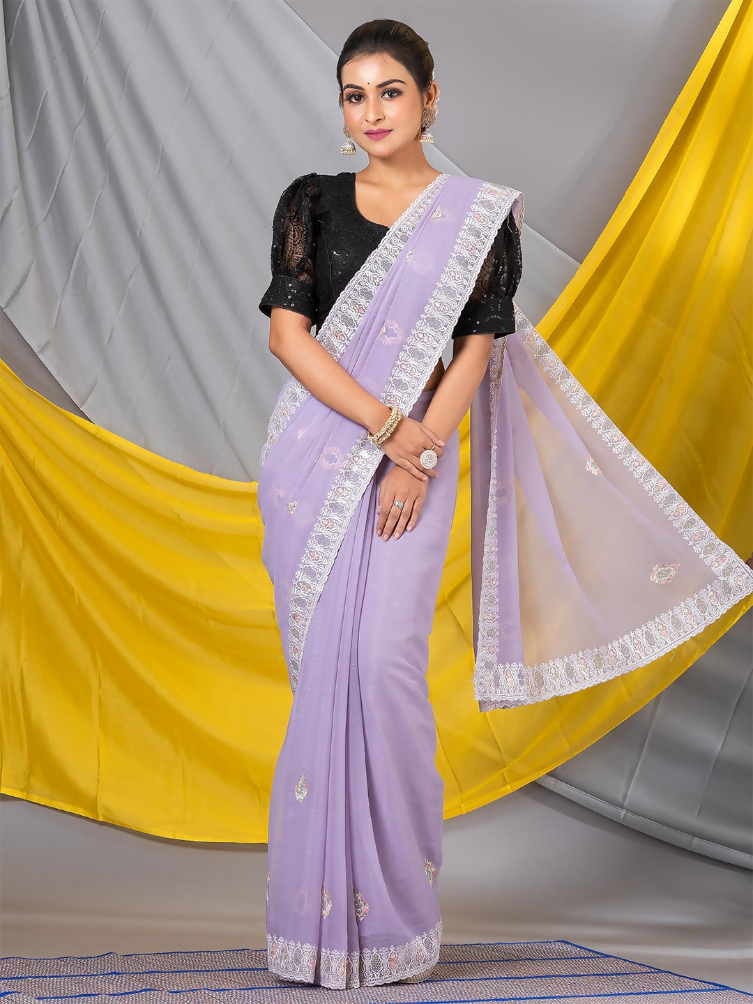 

MAHALASA Floral Embroidered Pure Chiffon Saree, Lavender