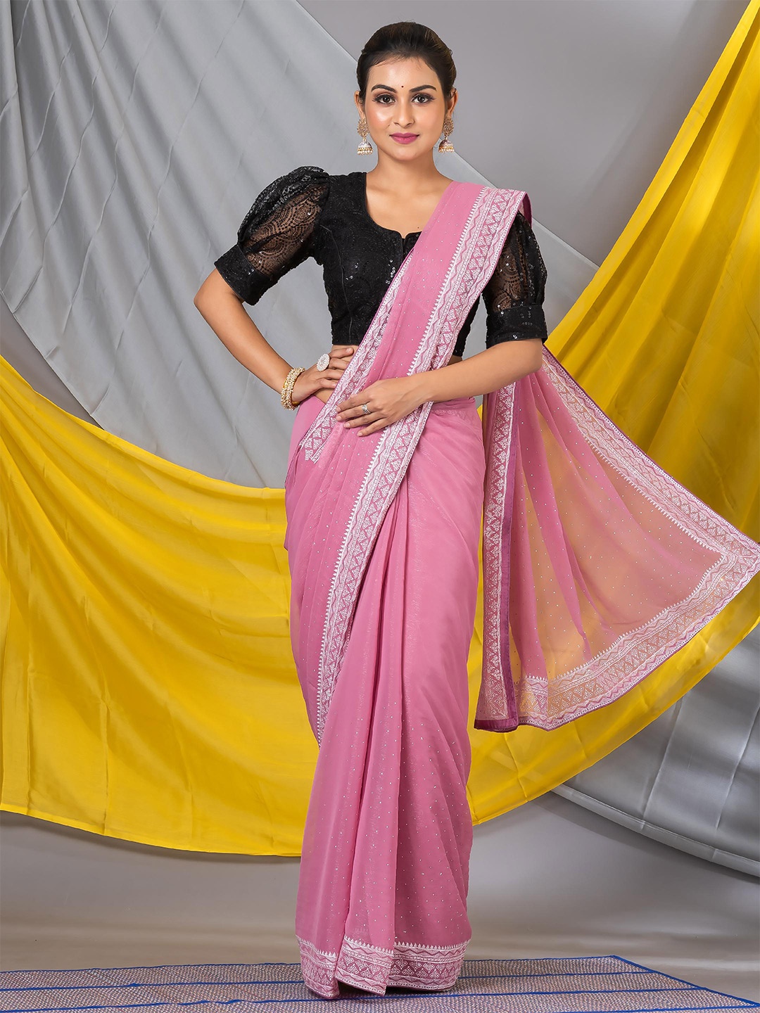 

MAHALASA Embellished Beads and Stones Pure Chiffon Saree, Magenta