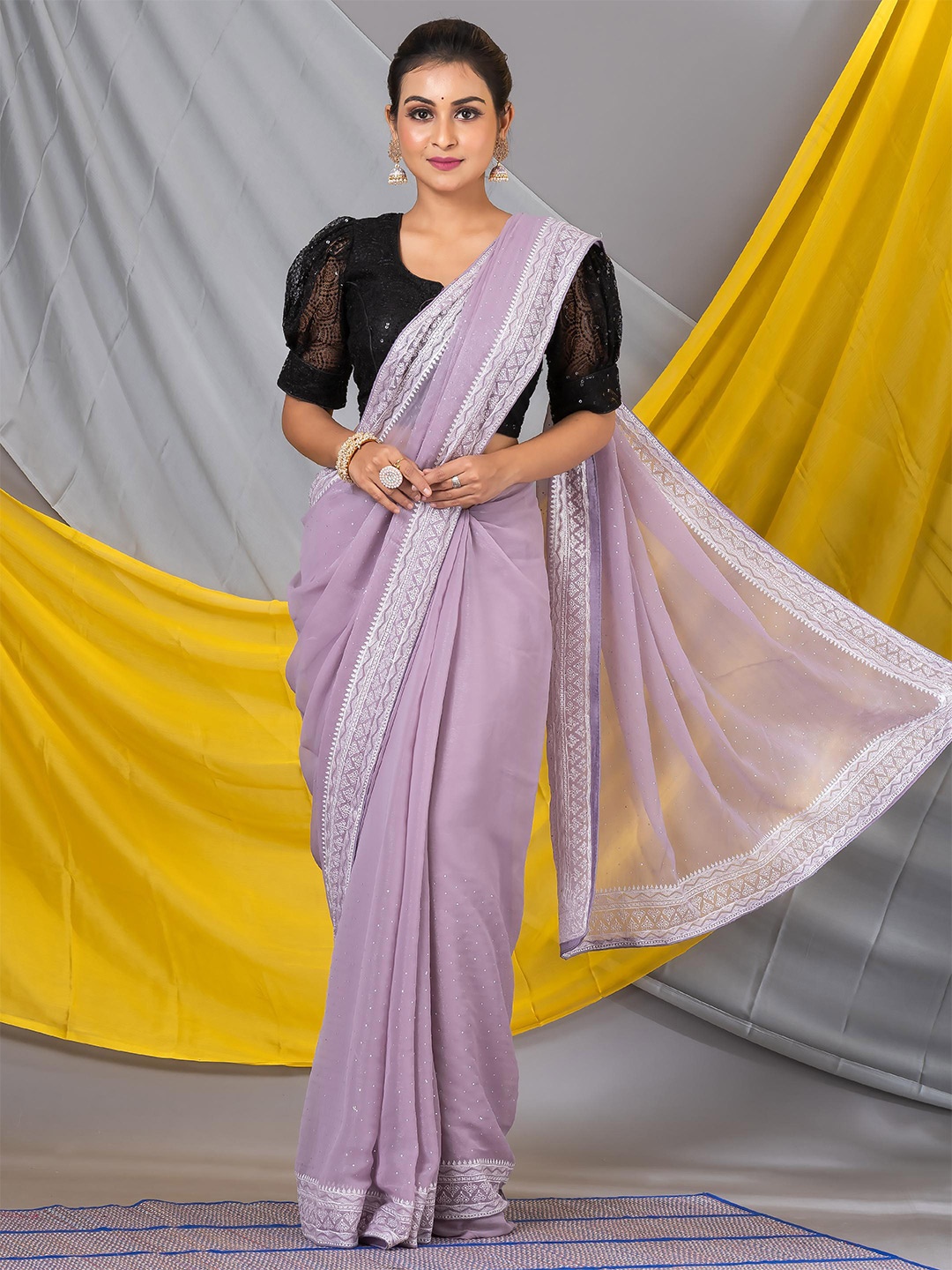 

MAHALASA Embellished Beads and Stones Pure Chiffon Saree, Lavender
