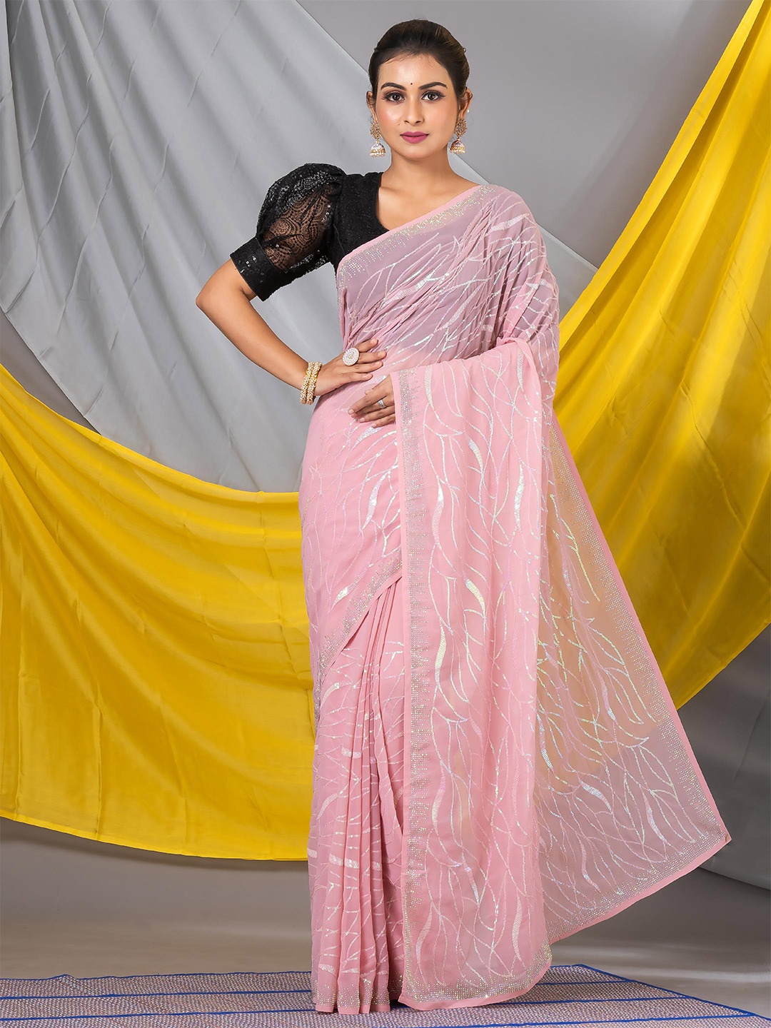 

MAHALASA Floral Sequinned Pure Georgette Saree, Peach