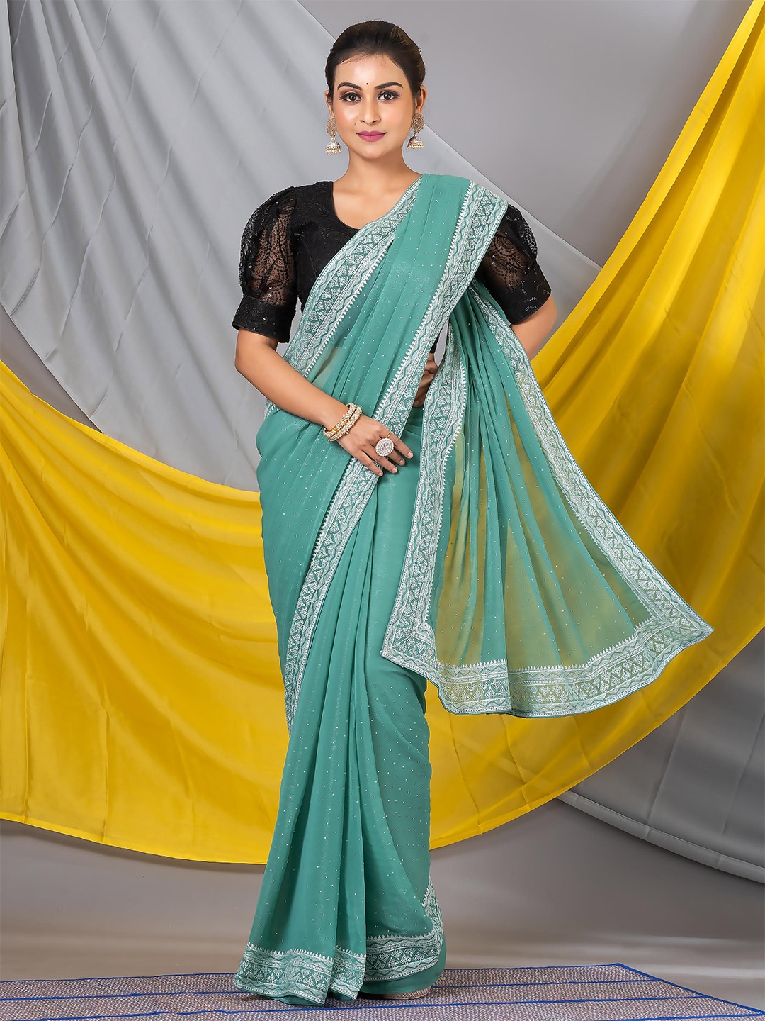 

MAHALASA Embellished Beads and Stones Pure Chiffon Saree, Green