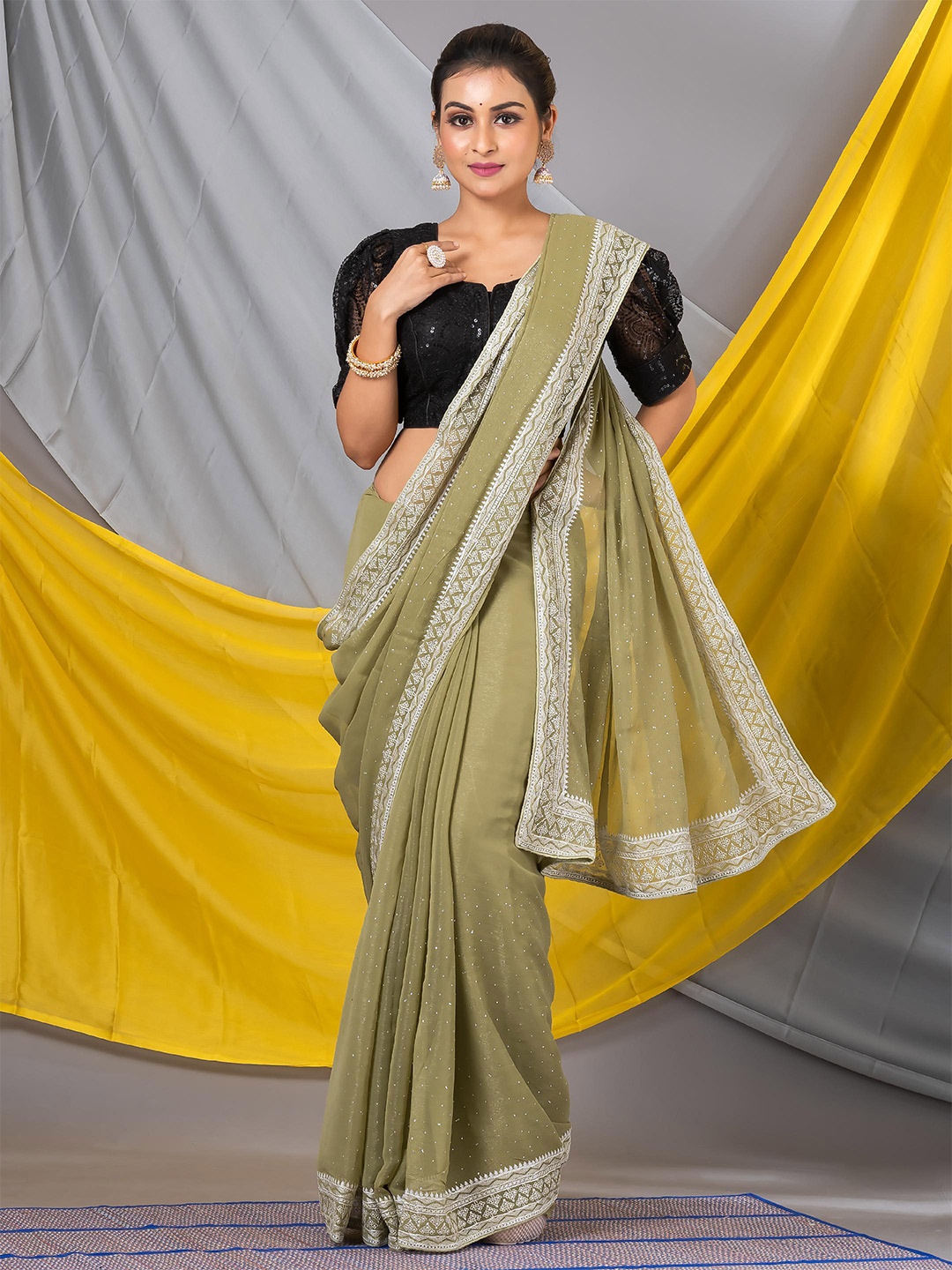 

MAHALASA Embellished Beads and Stones Pure Chiffon Saree, Green