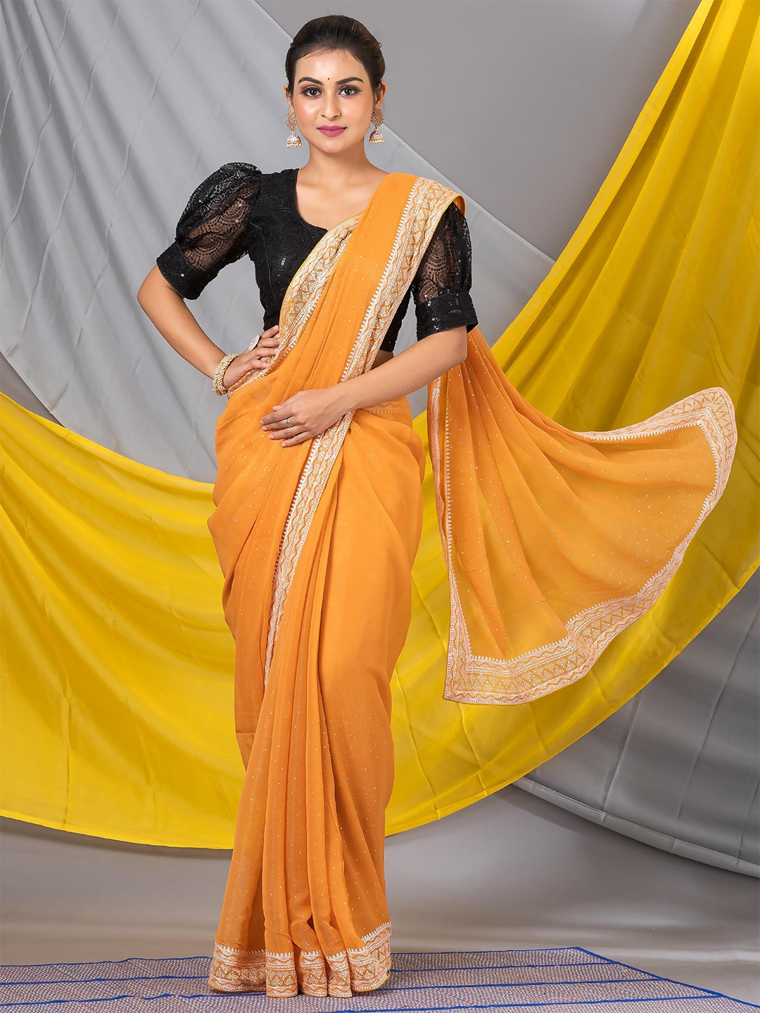 

MAHALASA Embellished Beads and Stones Pure Chiffon Saree, Orange