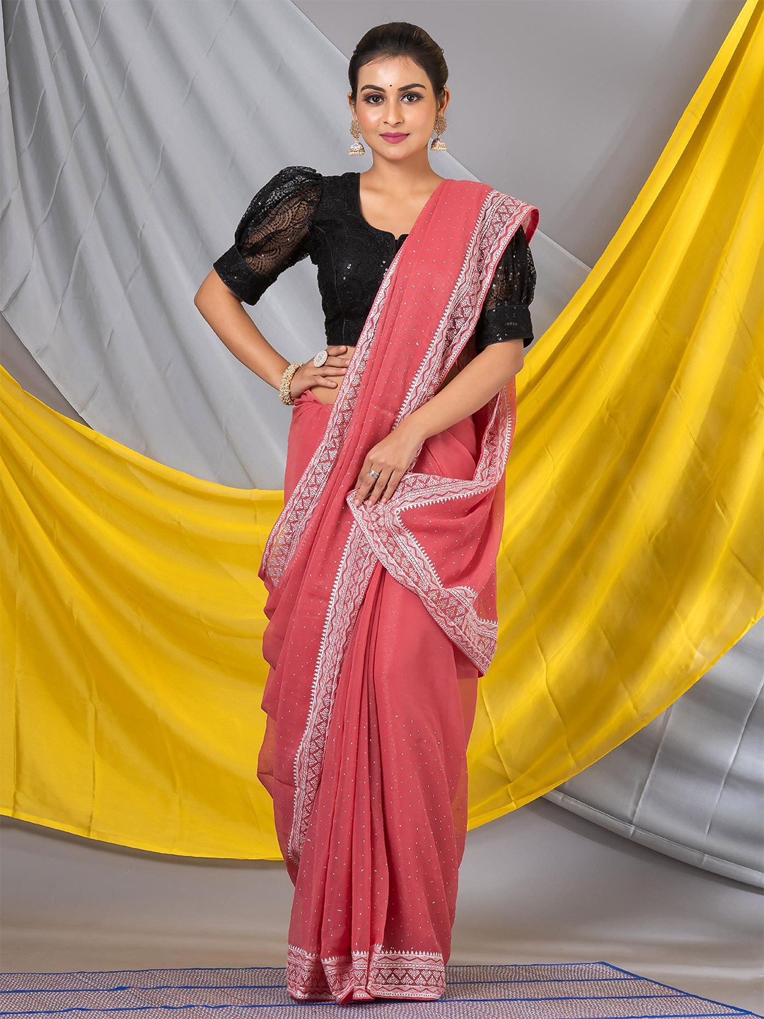 

MAHALASA Embellished Beads and Stones Pure Chiffon Saree, Pink