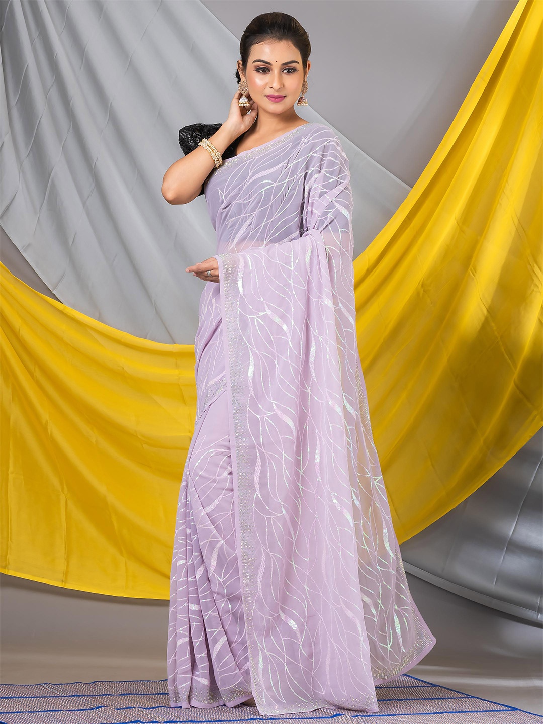 

MAHALASA Floral Embroidery Sequinned Pure Georgette Saree, Lavender