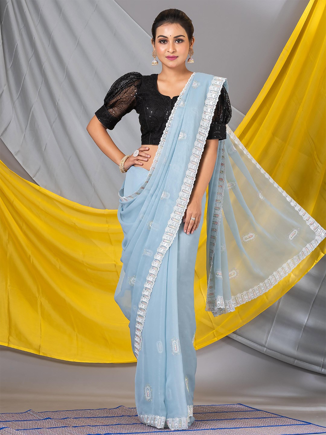 

MAHALASA Floral Embroidered Pure Chiffon Saree, Blue