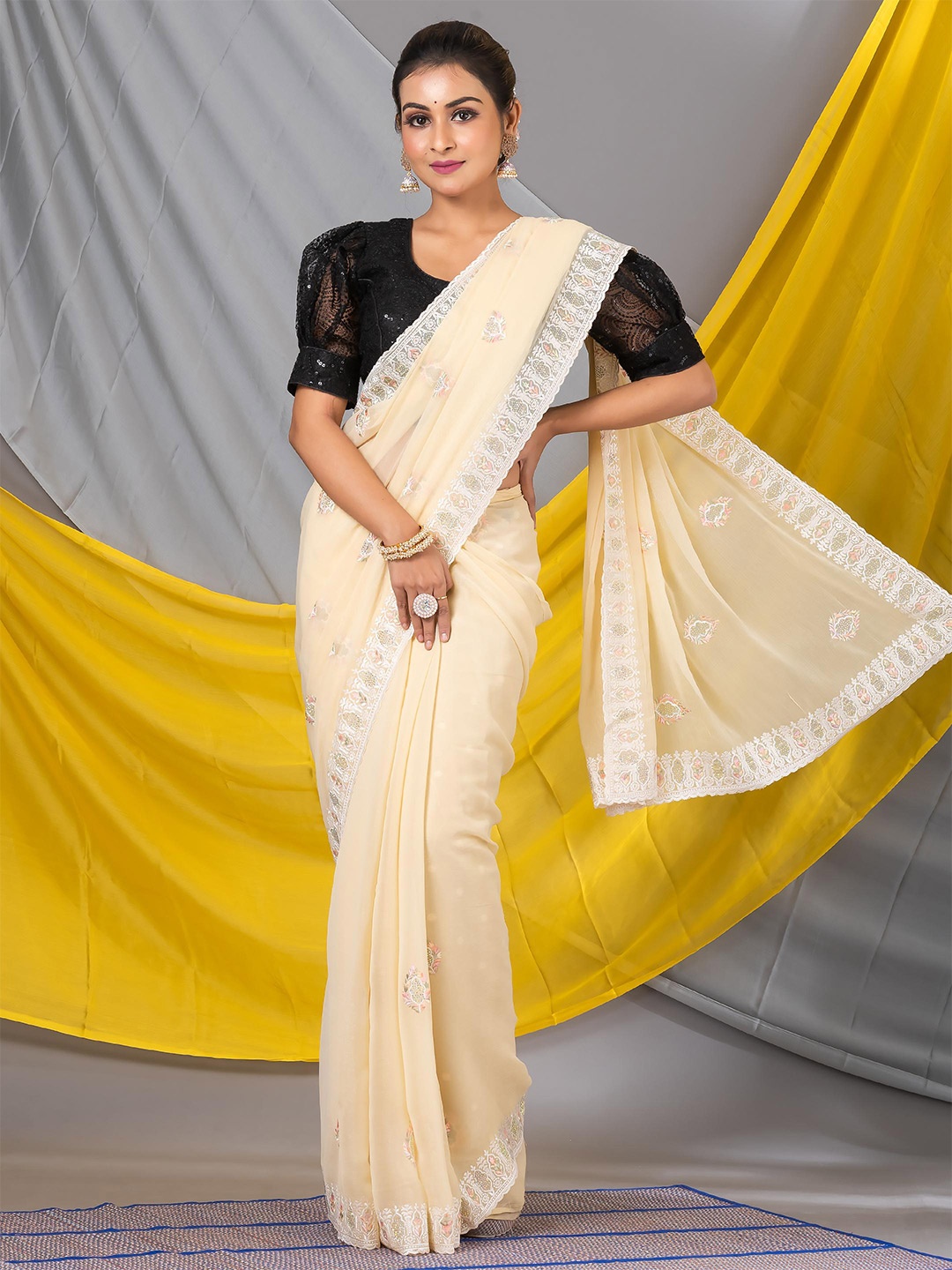 

MAHALASA Floral Embroidered Pure Chiffon Saree, Cream