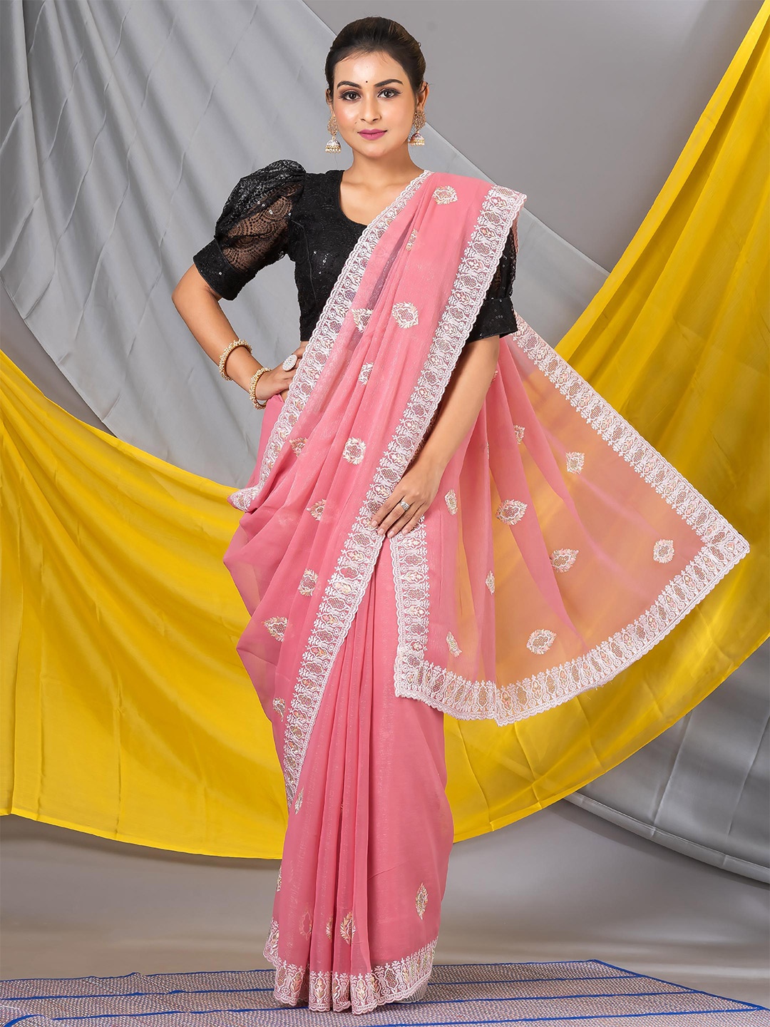 

MAHALASA Floral Embroidered Pure Chiffon Saree, Pink