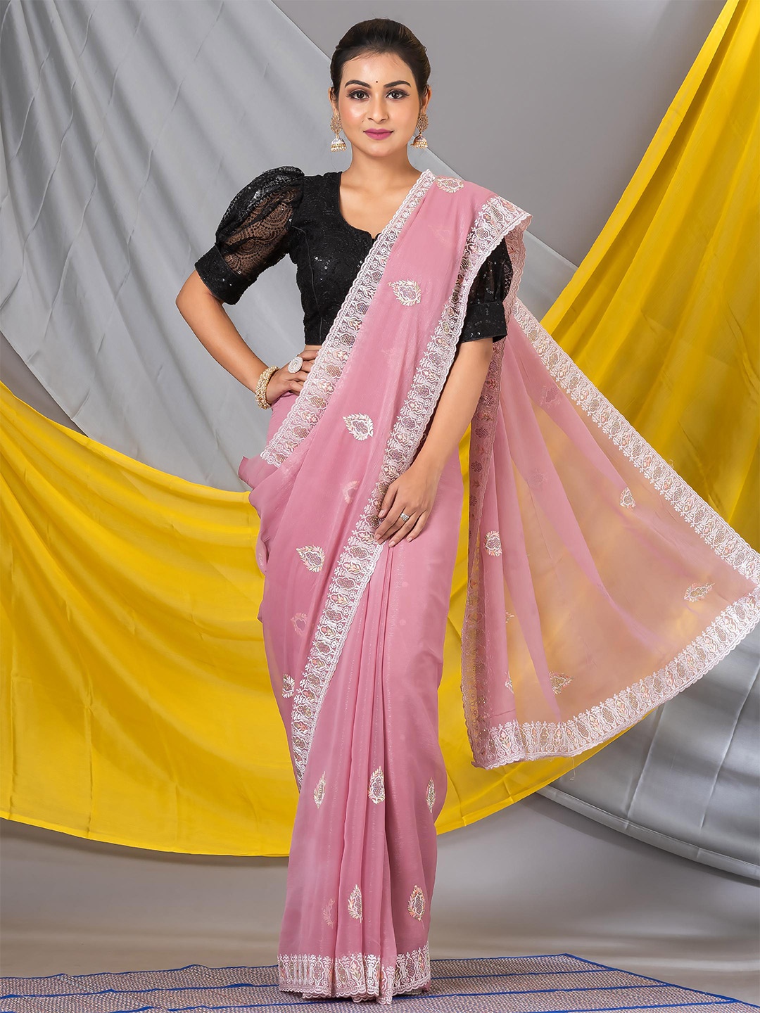 

MAHALASA Floral Embroidered Pure Chiffon Saree, Pink