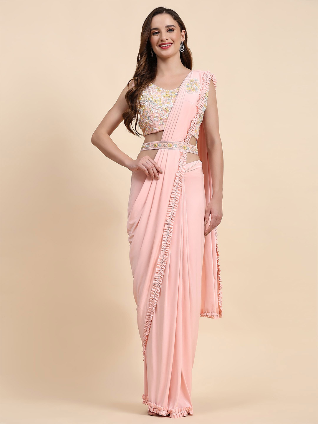 

AMOHA TRENDZ Embroidered Ready to Wear Saree, Peach