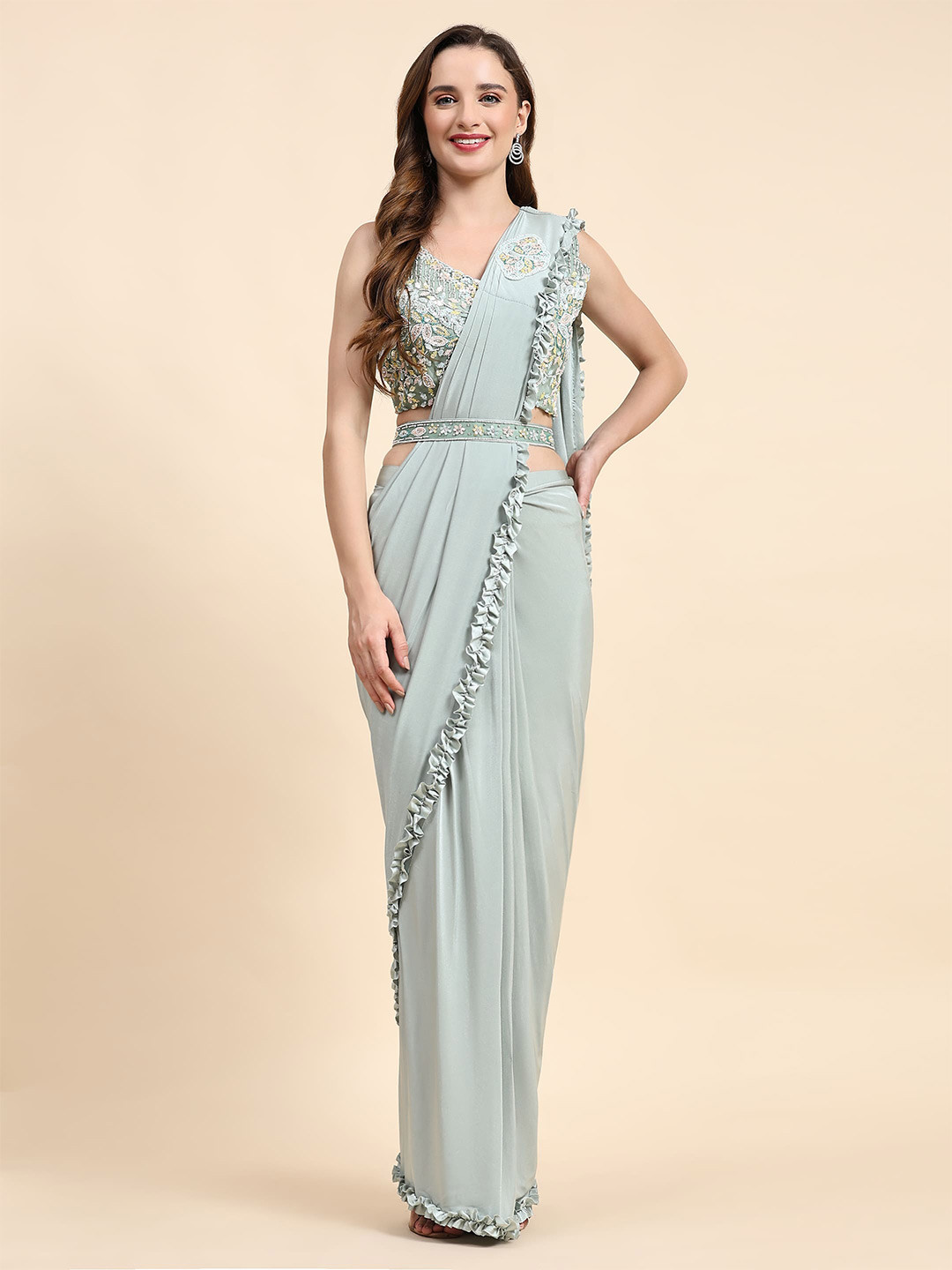 

AMOHA TRENDZ Embroidered Ready to Wear Saree, Green