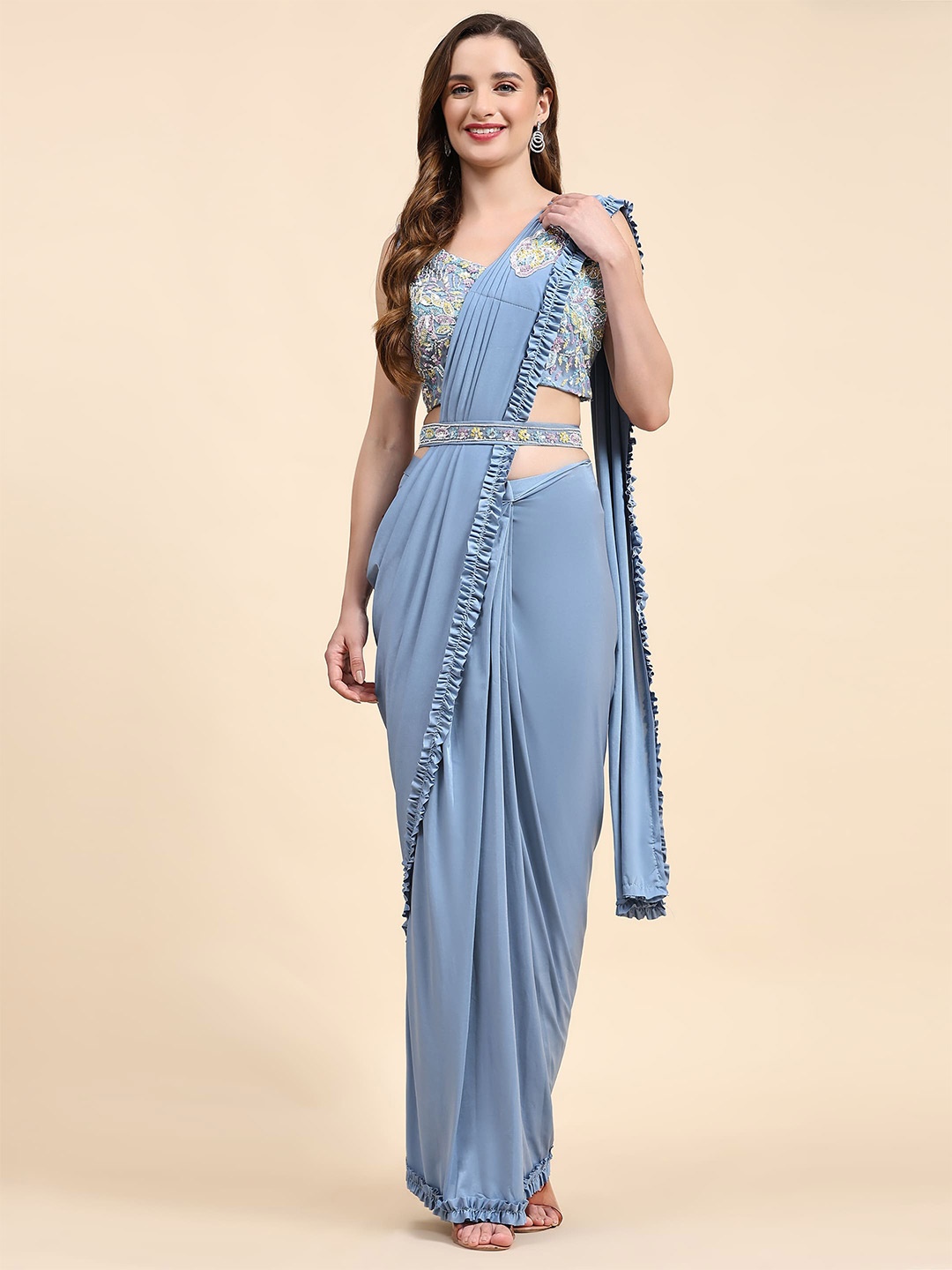 

AMOHA TRENDZ Embroidered Ready to Wear Saree, Blue