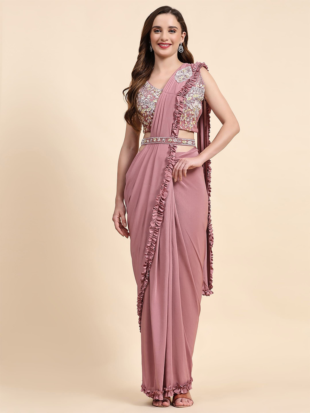 

AMOHA TRENDZ Embroidered Ready to Wear Saree, Pink