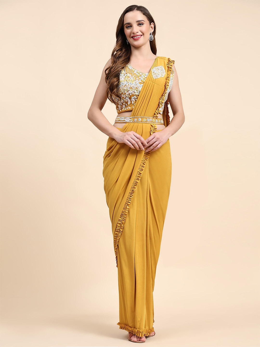 

AMOHA TRENDZ Embroidered Ready to Wear Saree, Mustard