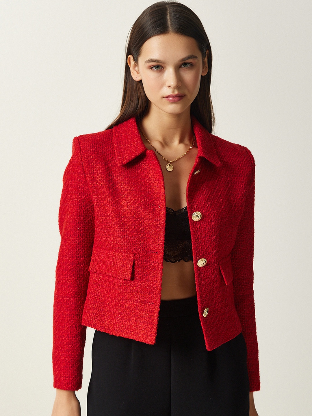 

Happiness istanbul Self-Design Single-Breasted Crop Blazers, Red