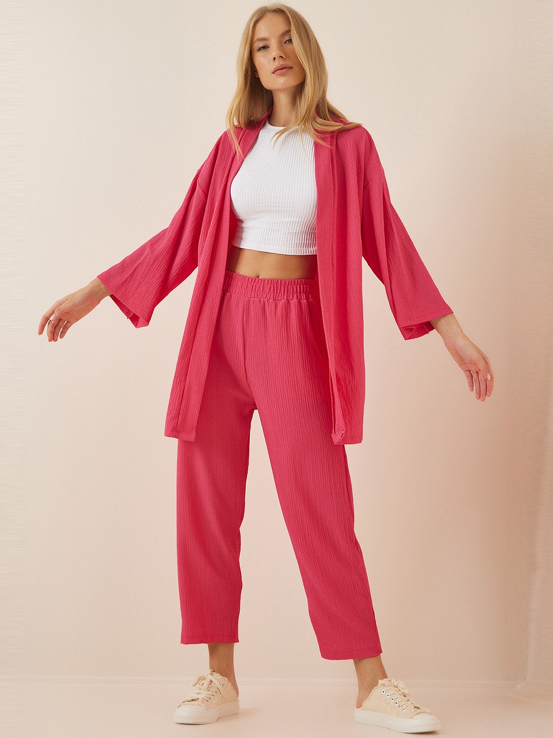 

Happiness istanbul Front Open Shrug With Trouser, Pink