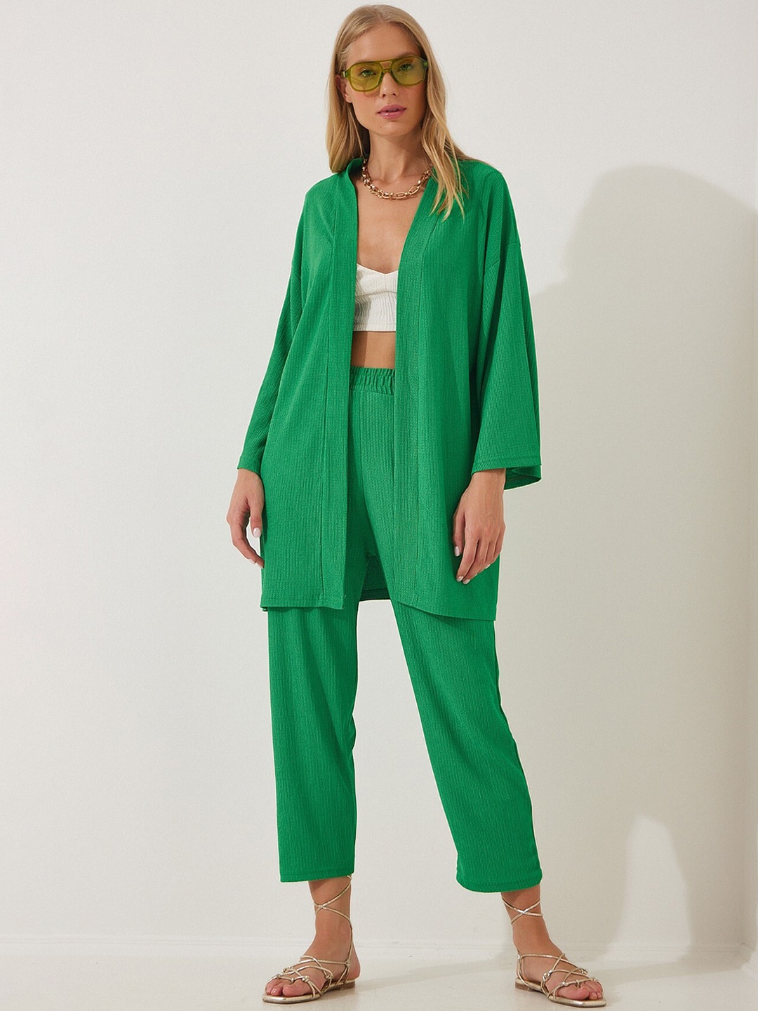

Happiness istanbul Front Open Shrug With Trouser, Green