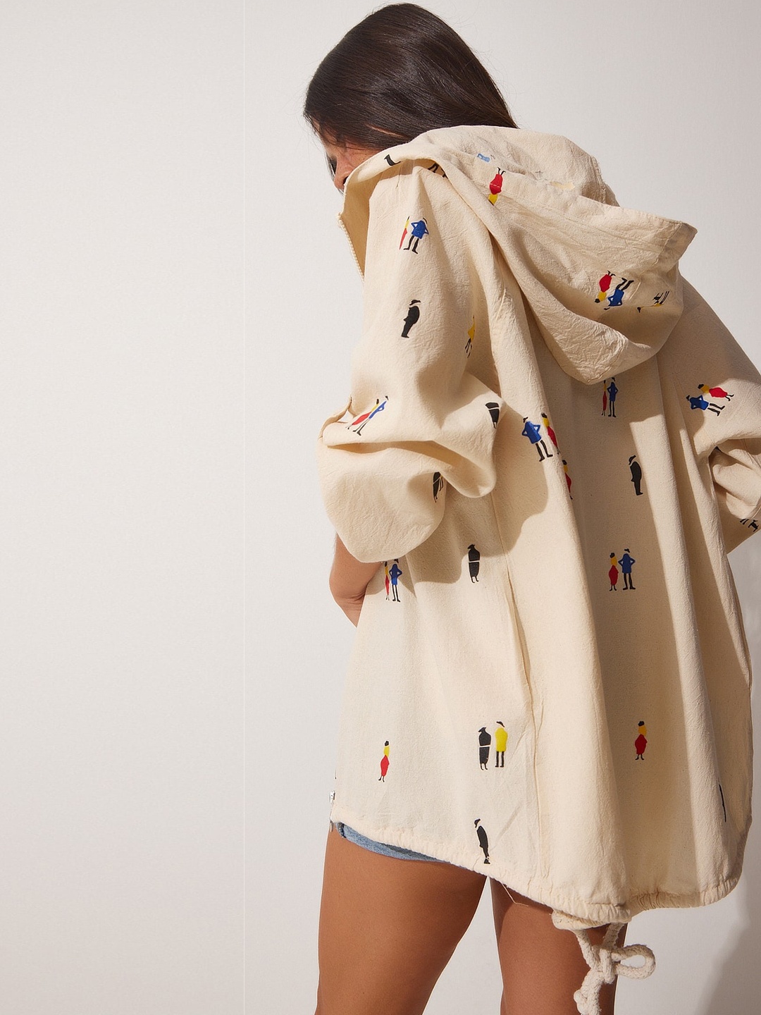 

Happiness istanbul Graphic Printed Hooded Neck Long Sleeves Longline Tailored Jacket, Cream