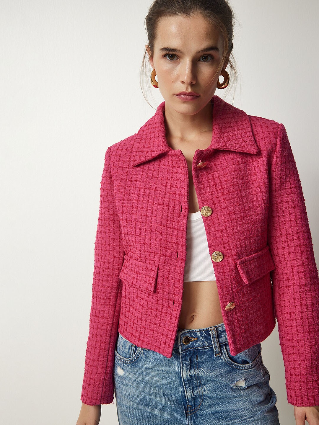 

Happiness istanbul Textured Spread Collar Long Sleeves Cotton Tailored Jacket, Pink