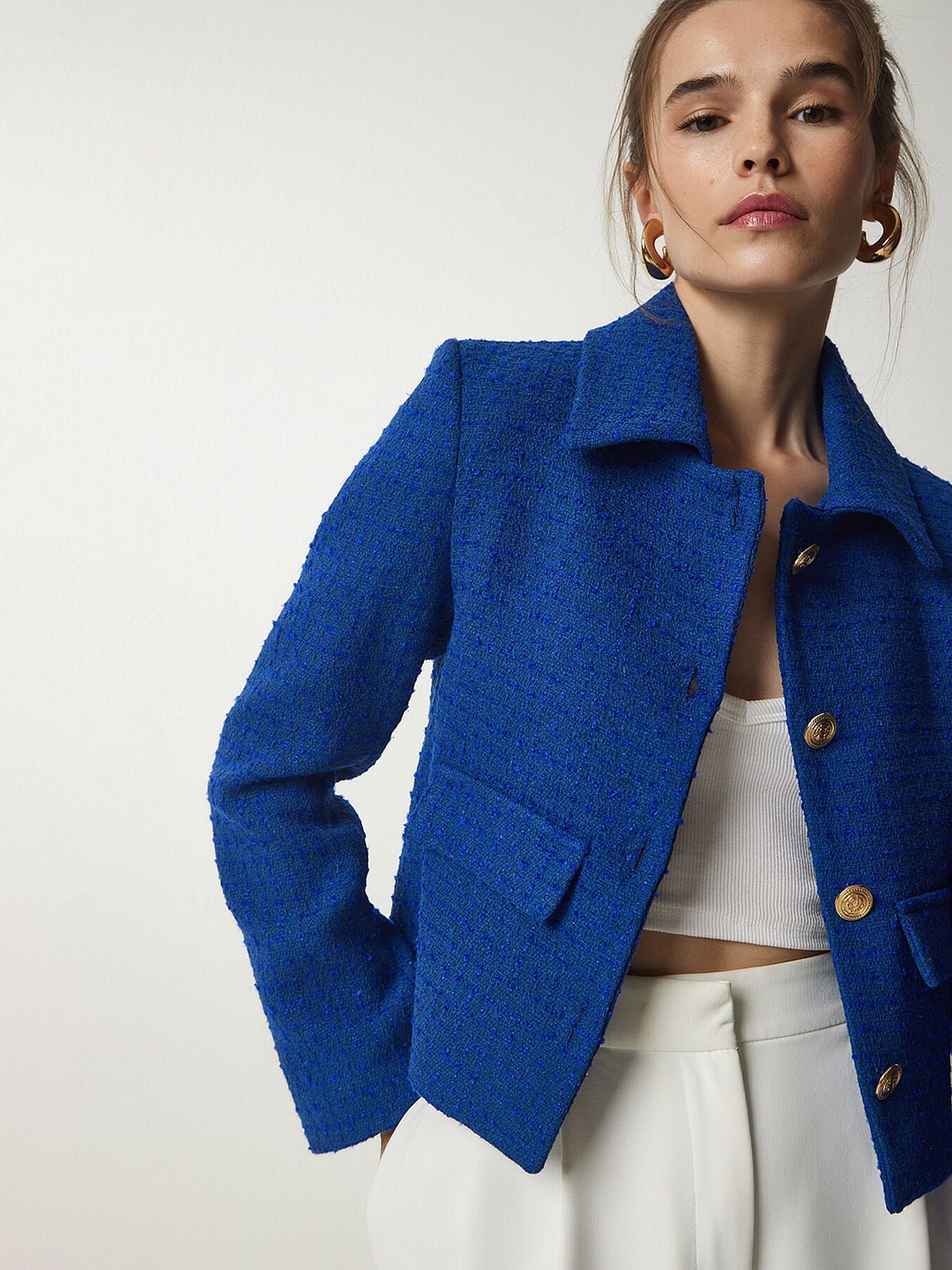 Happiness istanbul Spread Collar Pure Cotton Tailored Jacket, Blue