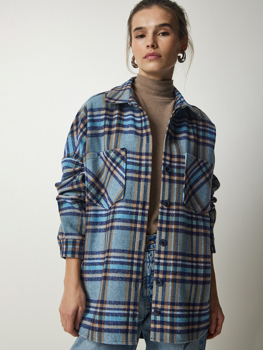 

Happiness istanbul Tartan Checked Cotton Opaque Casual Shacket, Blue