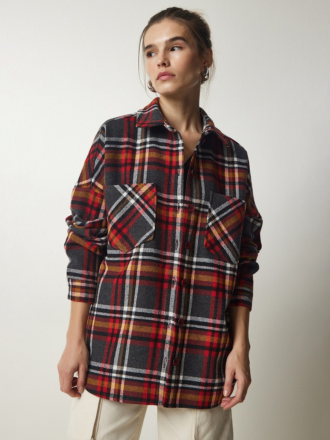 

Happiness istanbul Tartan Checked Cotton Opaque Casual Shackets, Red