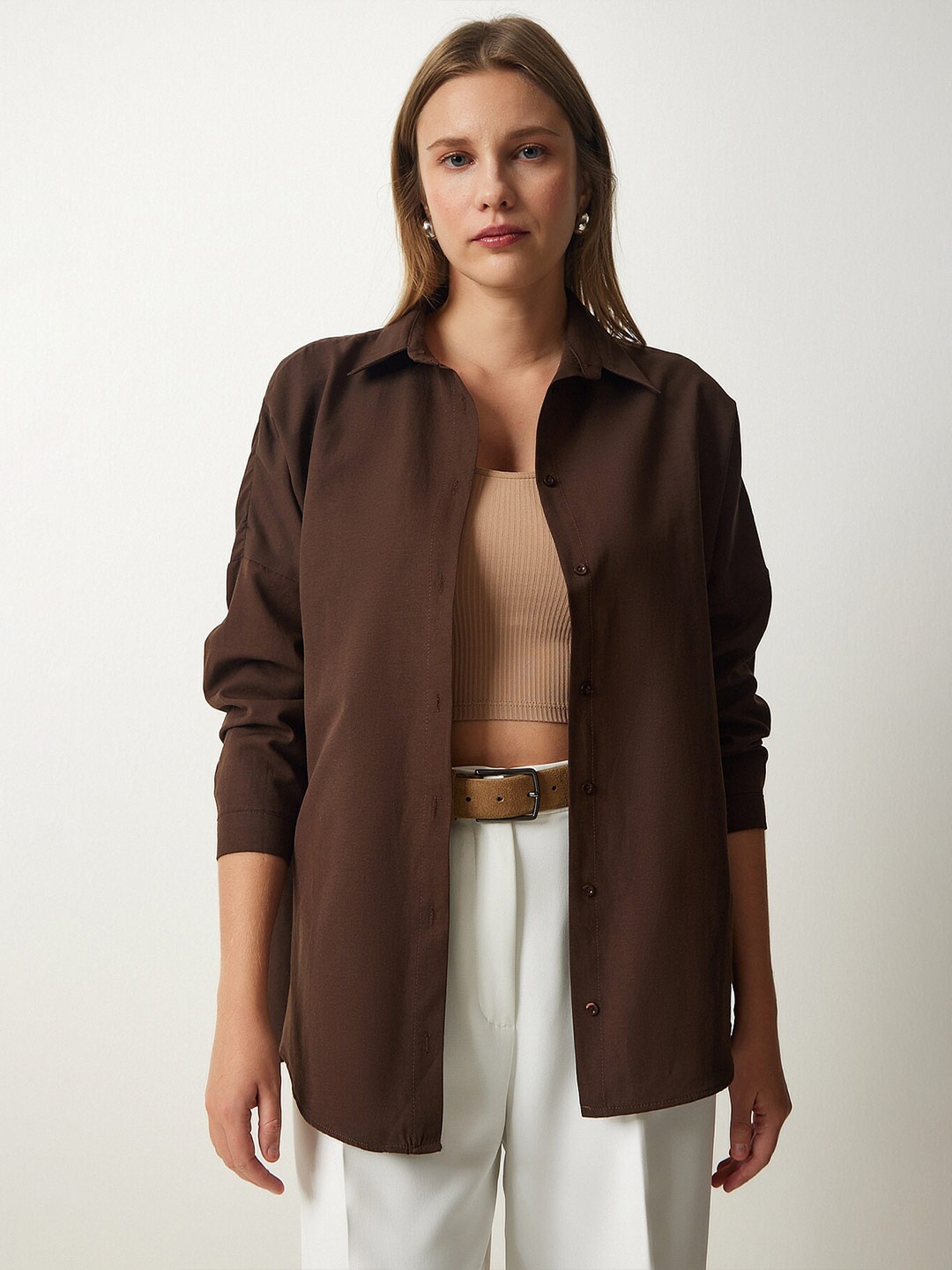 

Happiness istanbul Opaque Long Sleeves Cotton Casual Shirt, Brown