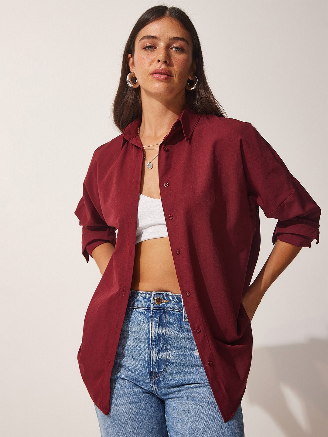 

Happiness istanbul Spread Collar Casual Shirt, Maroon