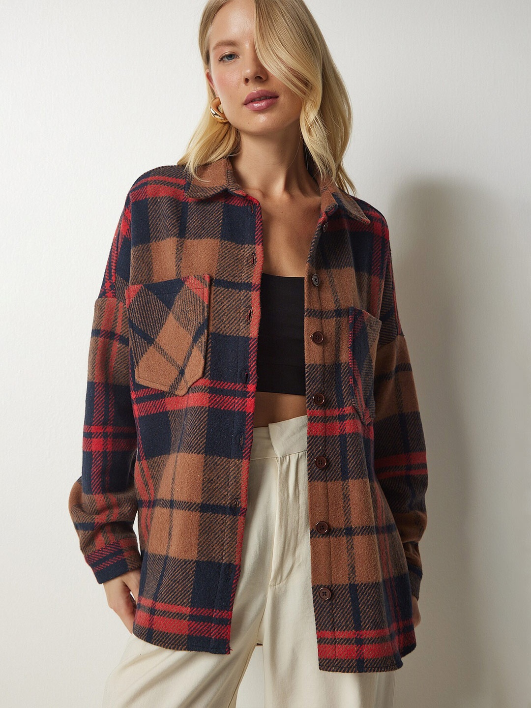 

Happiness istanbul Tartan Checked Cotton Opaque Casual Shacket, Brown